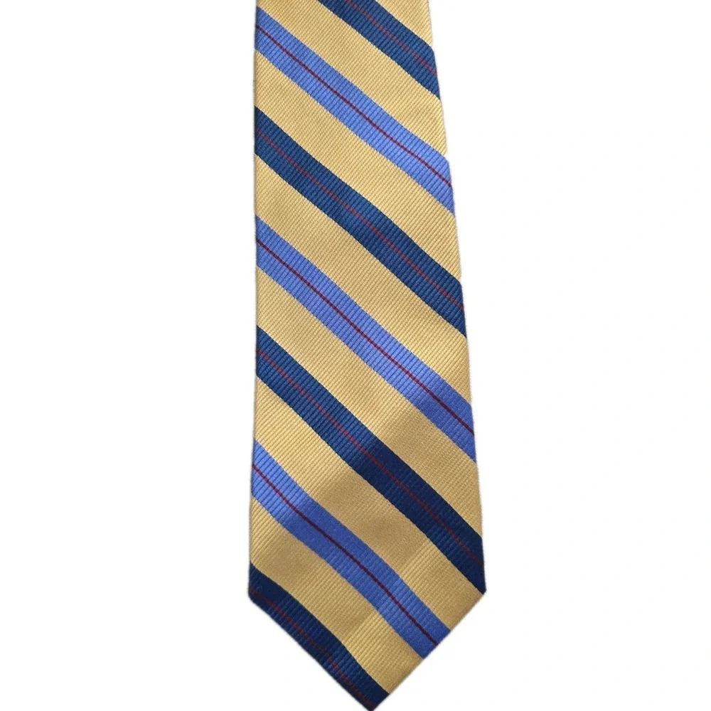 Landsend Men Necktie Yellow & Blue Striped‎ 100% Silk Classic Preppy Formal Tie
